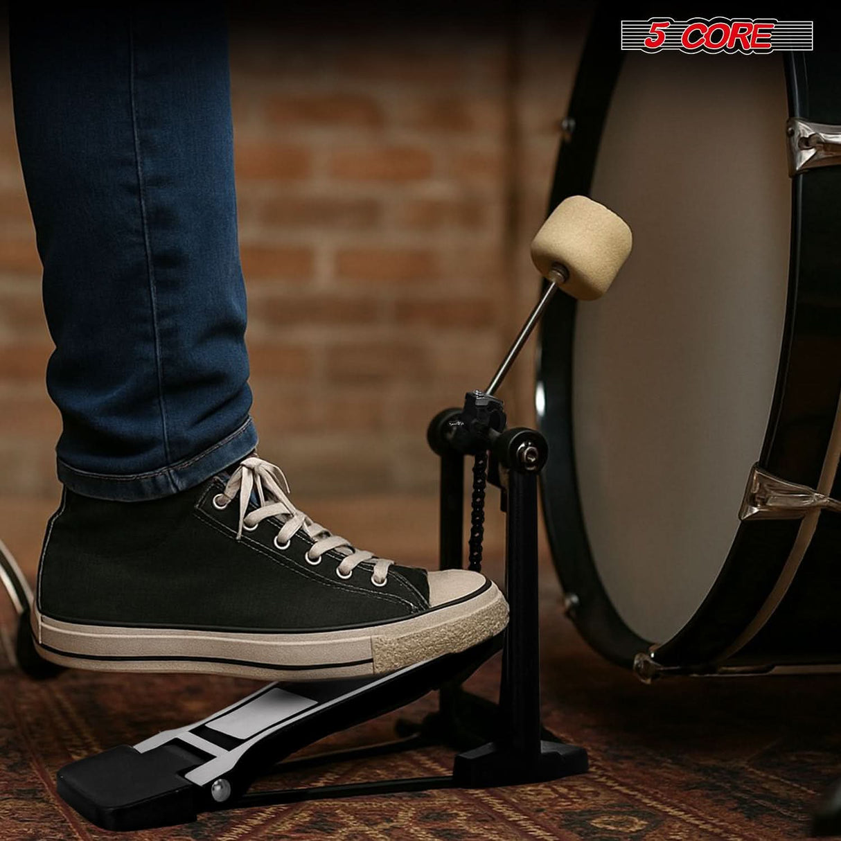 5 Core Bass Drum Pedal Mount Adjustable Felt Beater Head Single Chain Heavyduty Kick Drum Foot Pedal