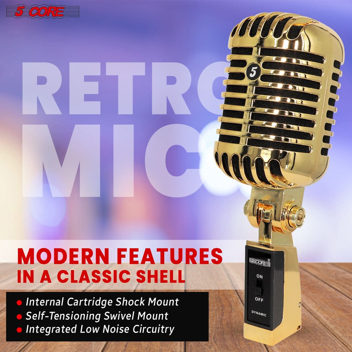 Dynamic XLR mic by 5Core with golden retro appeal