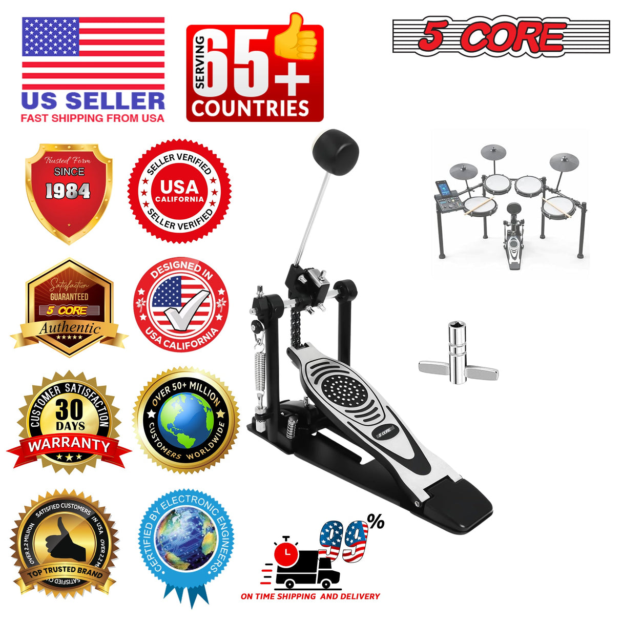 5 Core Bass Drum Pedal Mount Adjustable Felt Beater Head Single Chain Heavyduty Kick Drum Foot Pedal