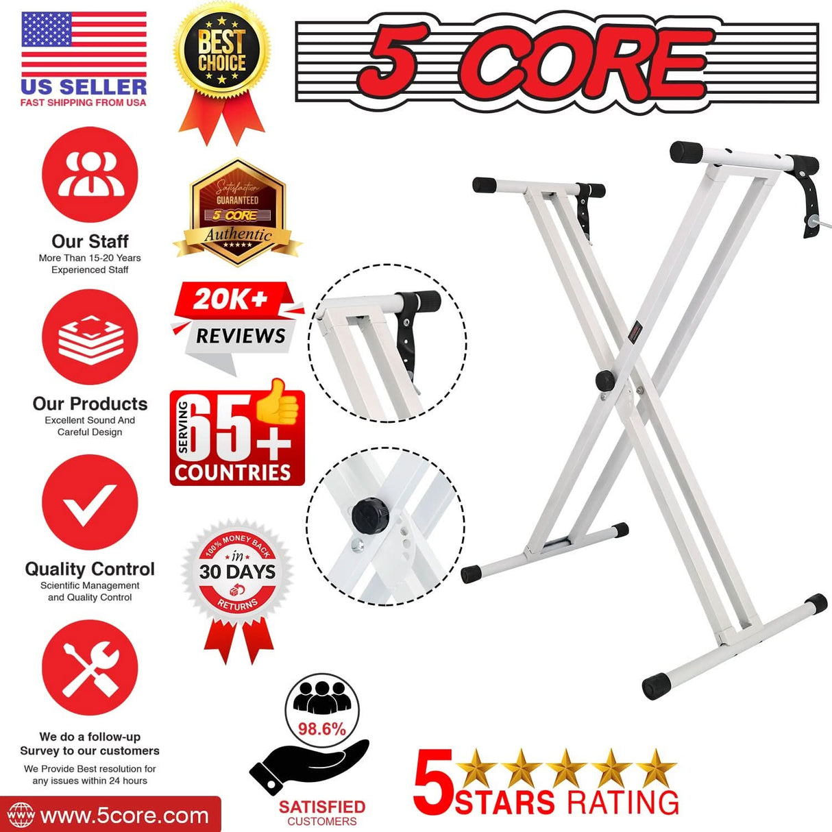 5Core double X electric piano stand in white color heavy duty