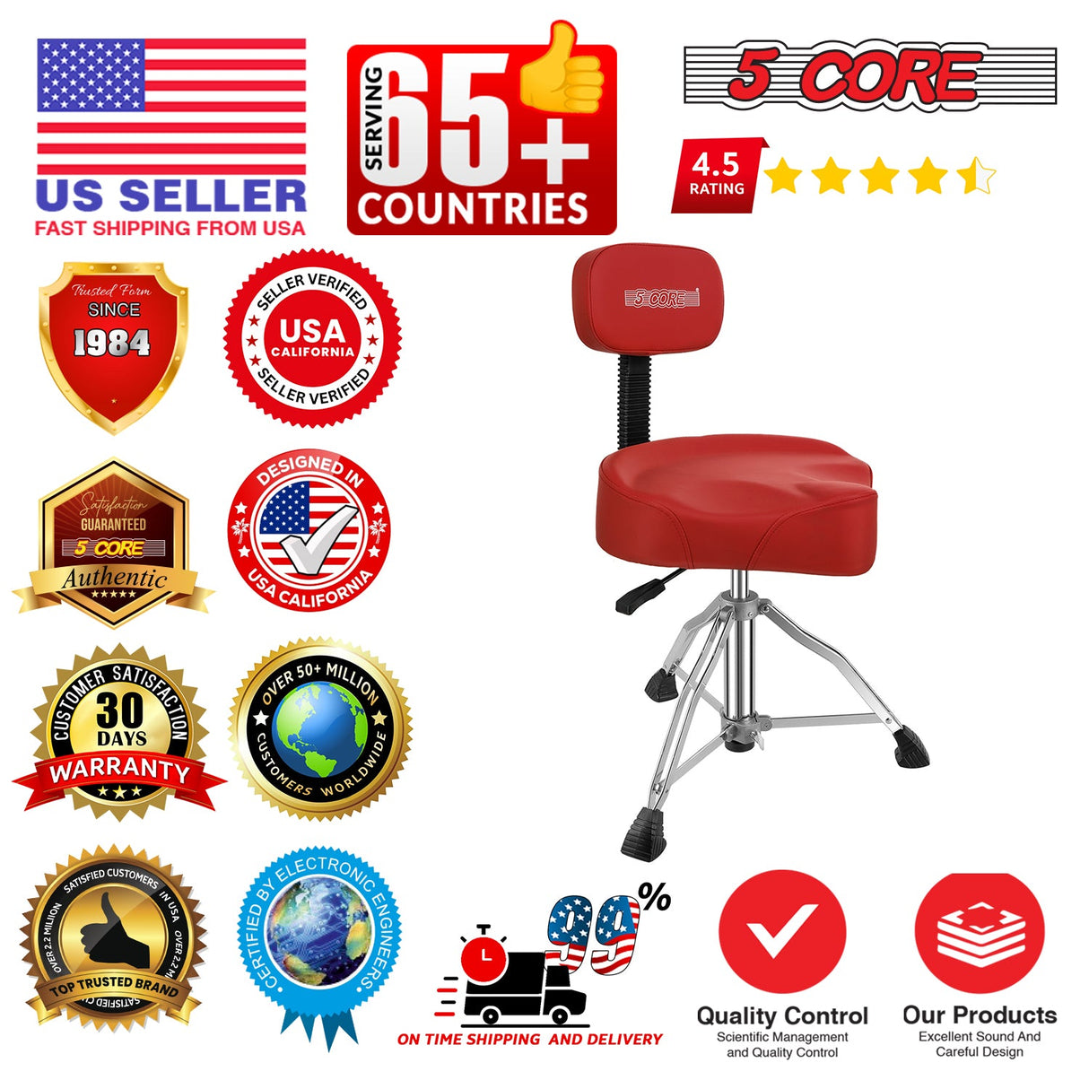 5Core Drum Throne 4" Cushion Padded Stool w Backrest Airlift Height Adjustable Chair w 441Lb Capcity