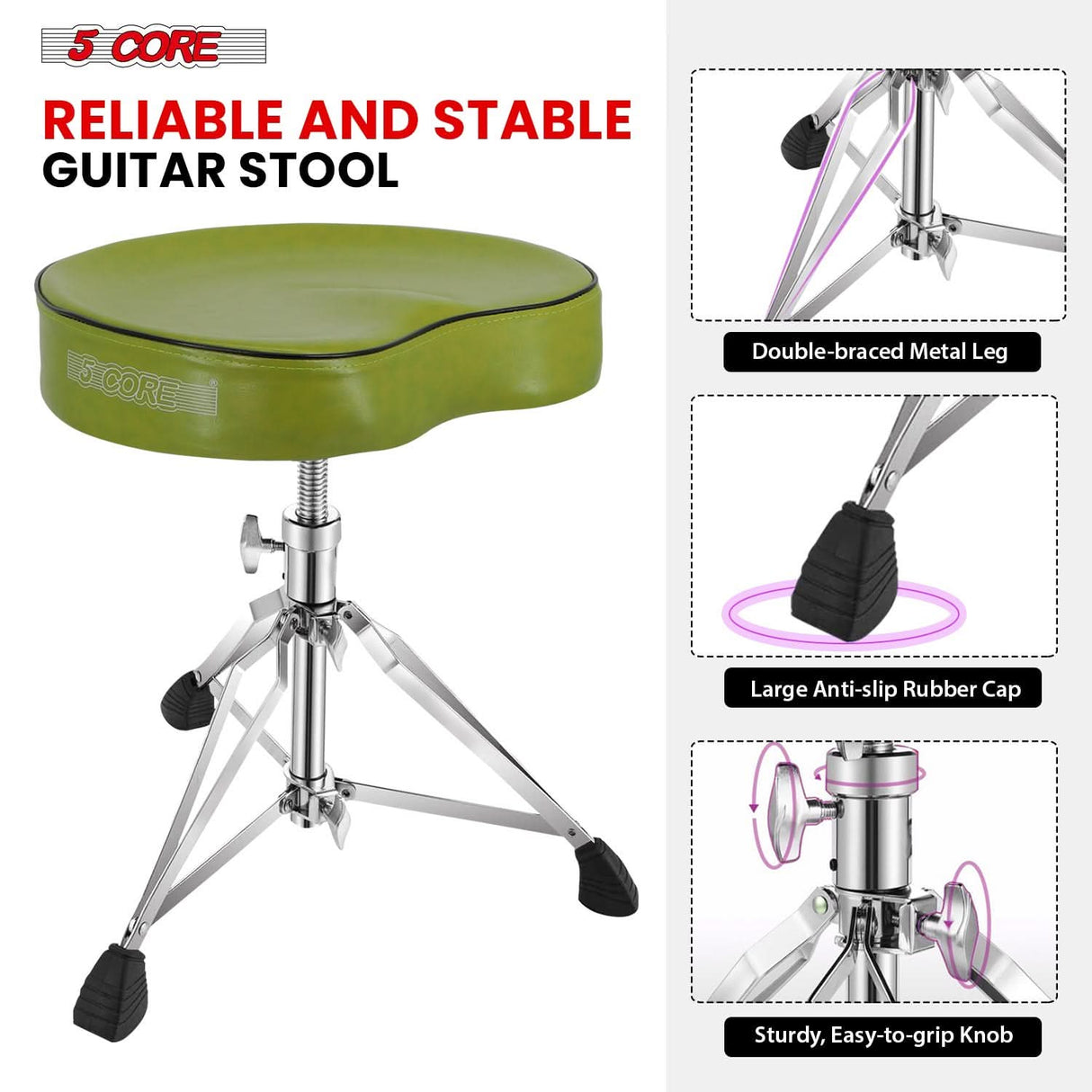 5Core guitar and drum stool with stable tripod base and saddle cushion
