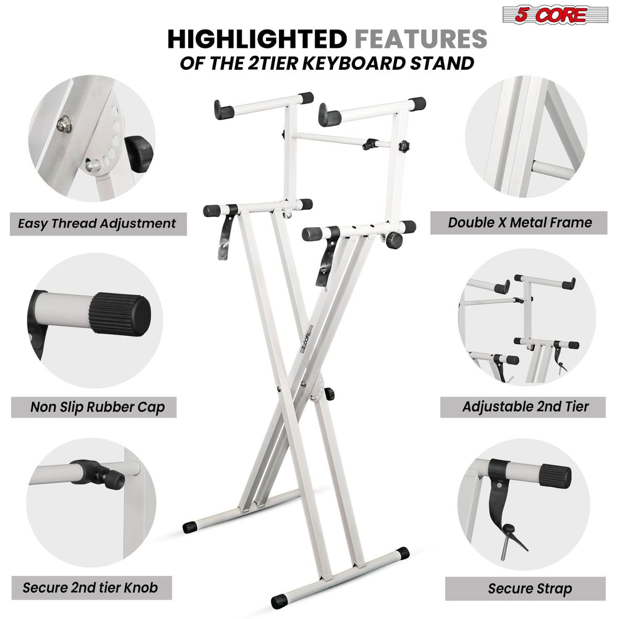 5Core 2 Tier Keyboard Stand Double X Style Adjustable Electric Piano Riser Holder