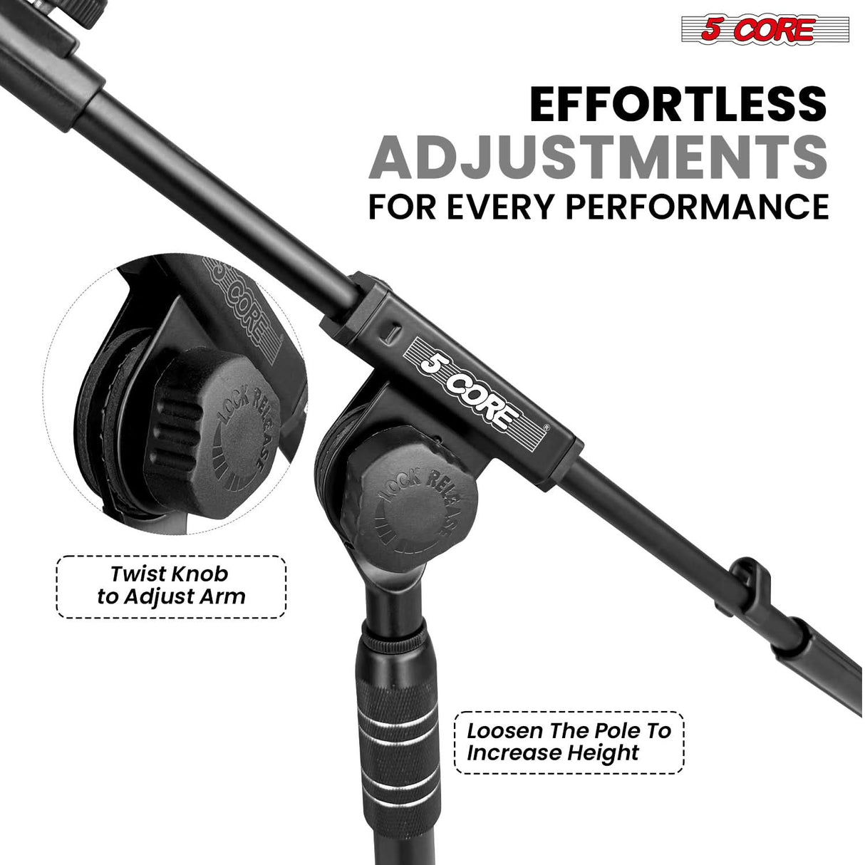 5 Core Mic Stand 2Pcs Adjustable Microphone Stands Floor w 180° Rotating Telescoping Metal Boom Arm