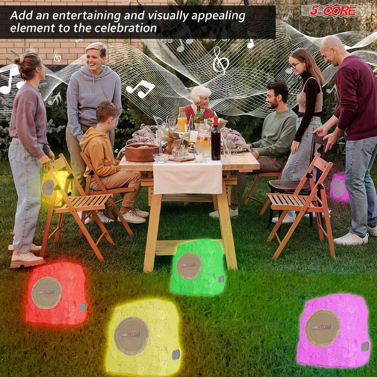 5 Core Rock Speaker Outdoor Waterproof Bluetooth Garden Speakers Solar & USB Charging RGB Colors for Patio Pool & Home