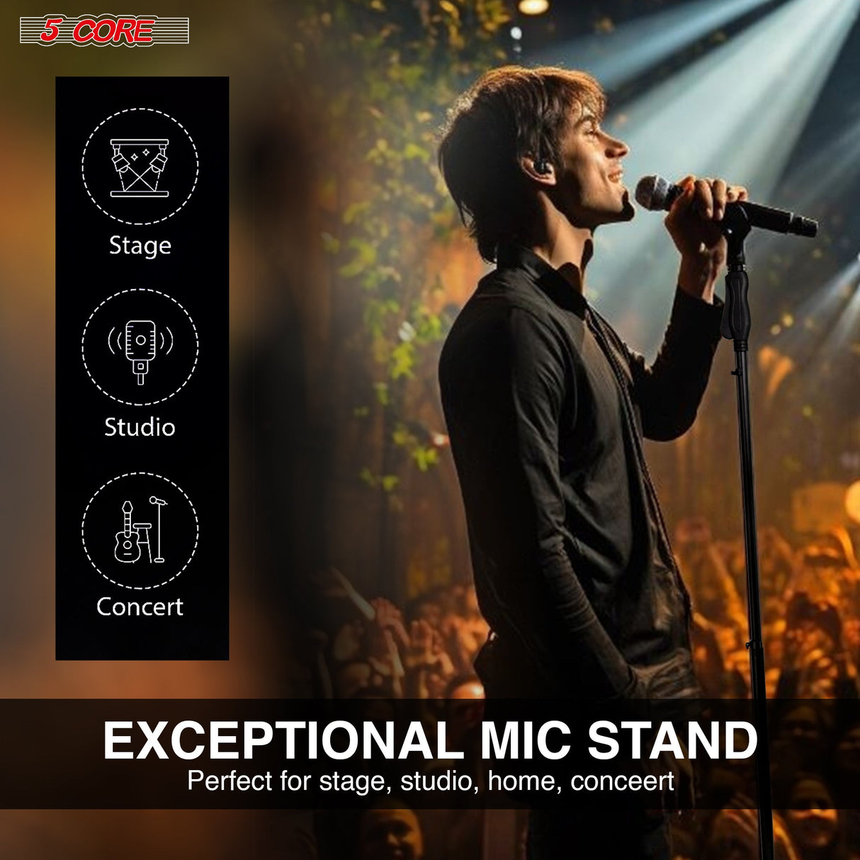 5 Core Microphone Stand Pair Universal Floor Height Adjustable 35 to 57" Round Base Mic Stands Quick Setting Lock-Tight Knob w 5/8 Thread Adapter