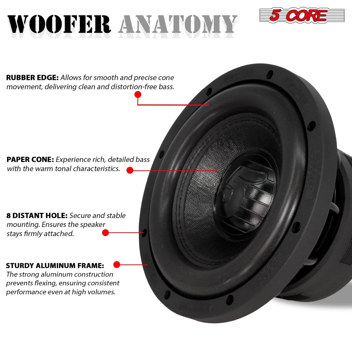 5Core 8 Inch Car Subwoofer Dual 2Ohm 1000W Component Sub Woofer Driver Aluminum Frame 8” Woofers