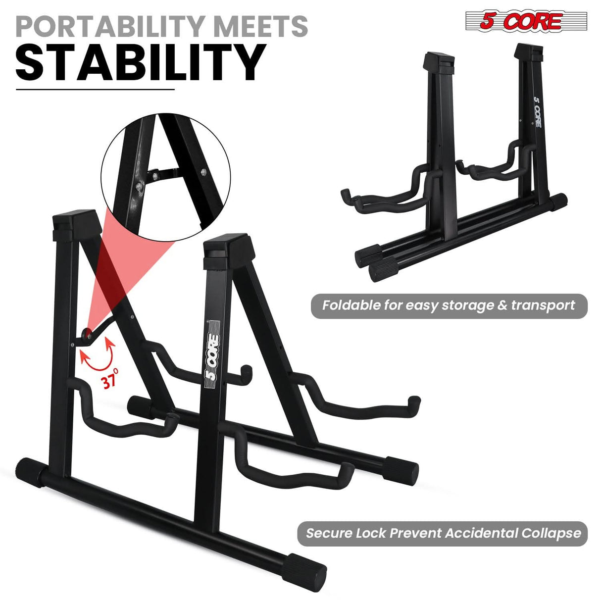 5 Core Double Guitar Stand A Frame Shape w Foam Arms Supports Acoustic Electric Bass Ukulele Banjo