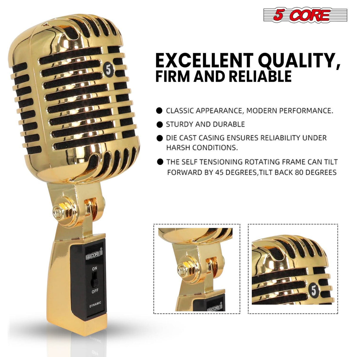 Studio-grade retro microphone by 5Core in bold gold tone