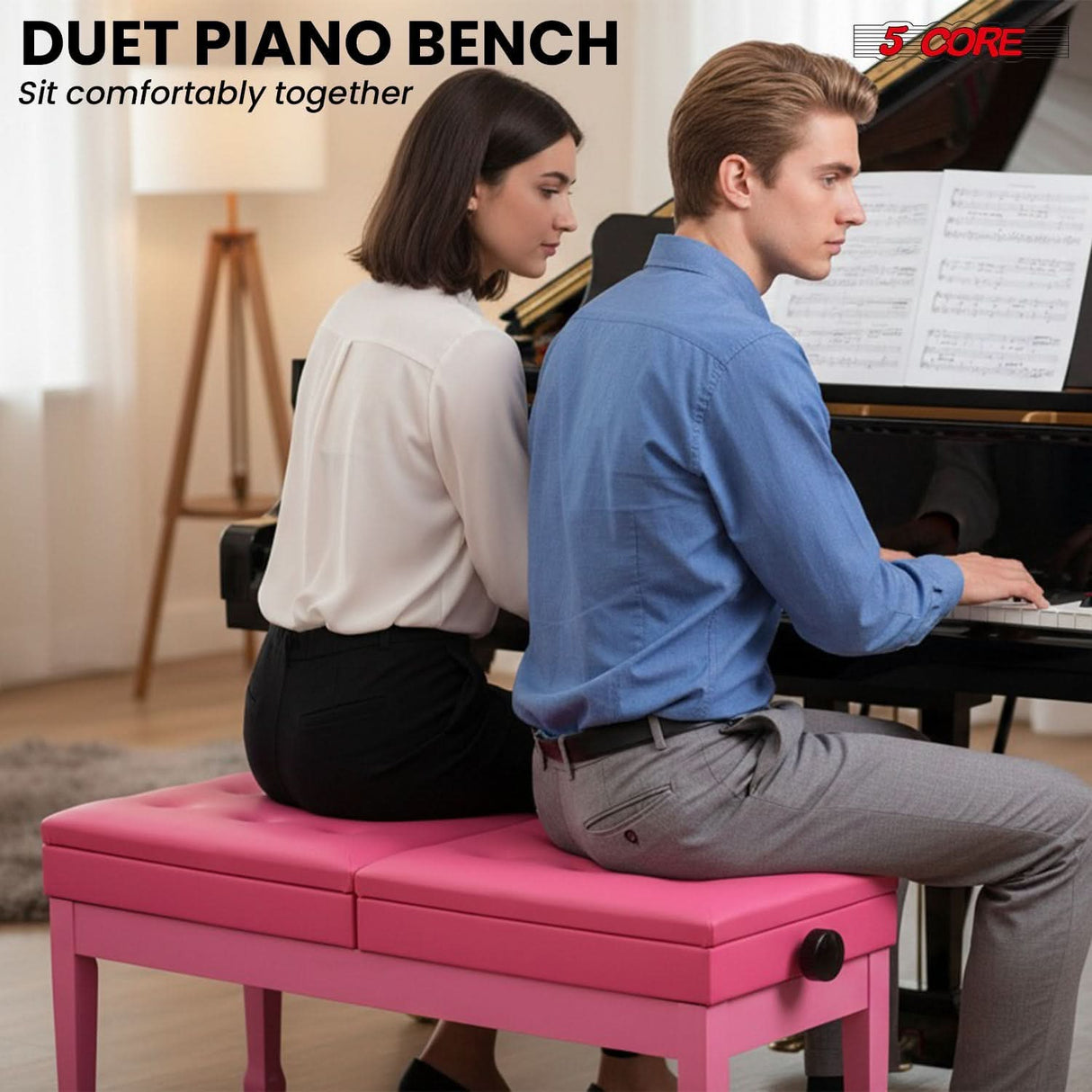 5 Core Duet Piano Bench 3.5 Inch Padded Cushioned Stool Wooden Heavy Duty Musician Chair w Storage