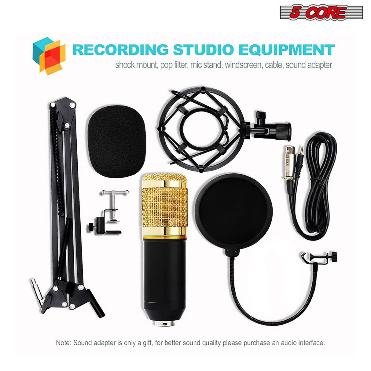 5Core condenser cardioid mic with boom arm professional podcast recording kit bundle