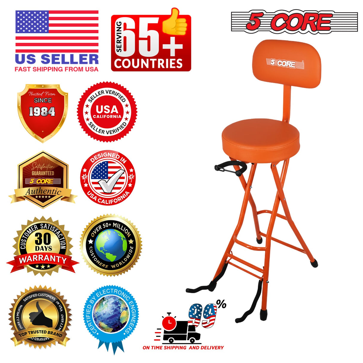 5Core Guitar Stool 3.15" Padded Chair w Backrest Foldable Music Seat Built in Foot Rest Guitar Stand