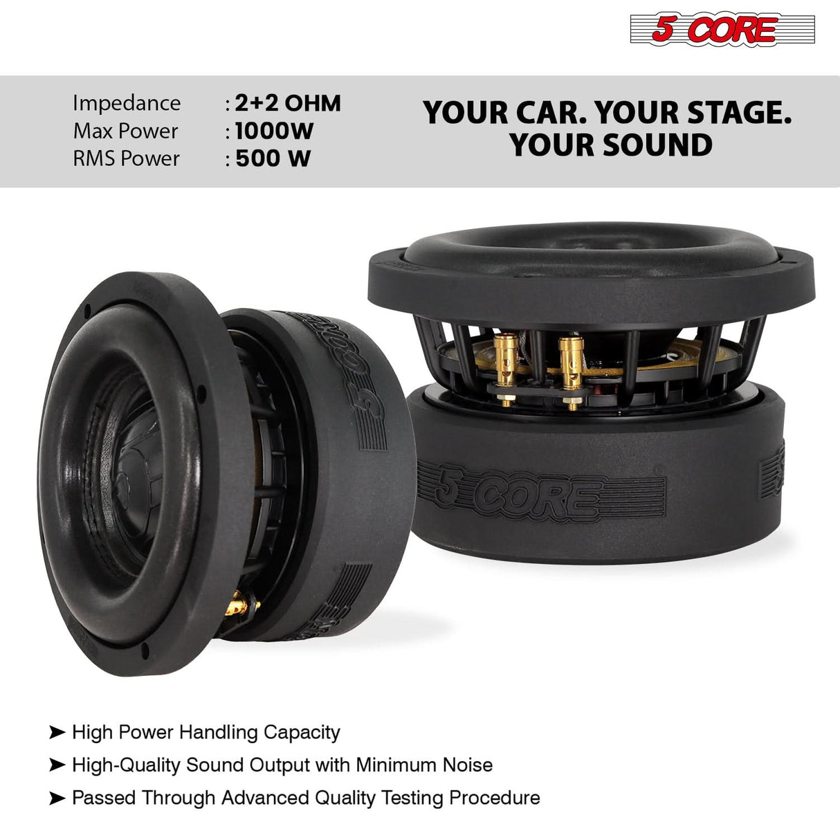 5Core 6.5 Inch Car Subwoofer Dual 2Ohm 1000W Speaker Sub Woofer Driver Aluminum Frame 6.5” Woofers