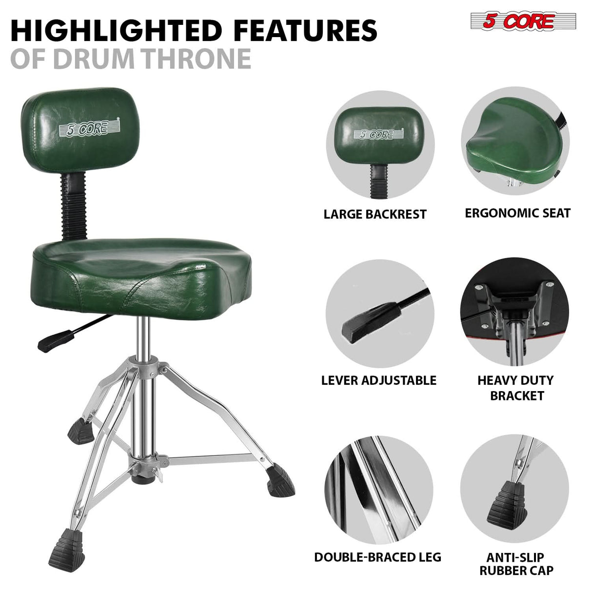 5 Core Drum Throne w Backrest 4" Padded Stool Adjustable 24.5" Drummer Chair w 441Lb Capacity