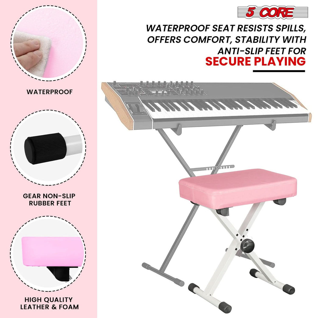 Adjustable piano keyboard stand with bench 5Core PINK double X style