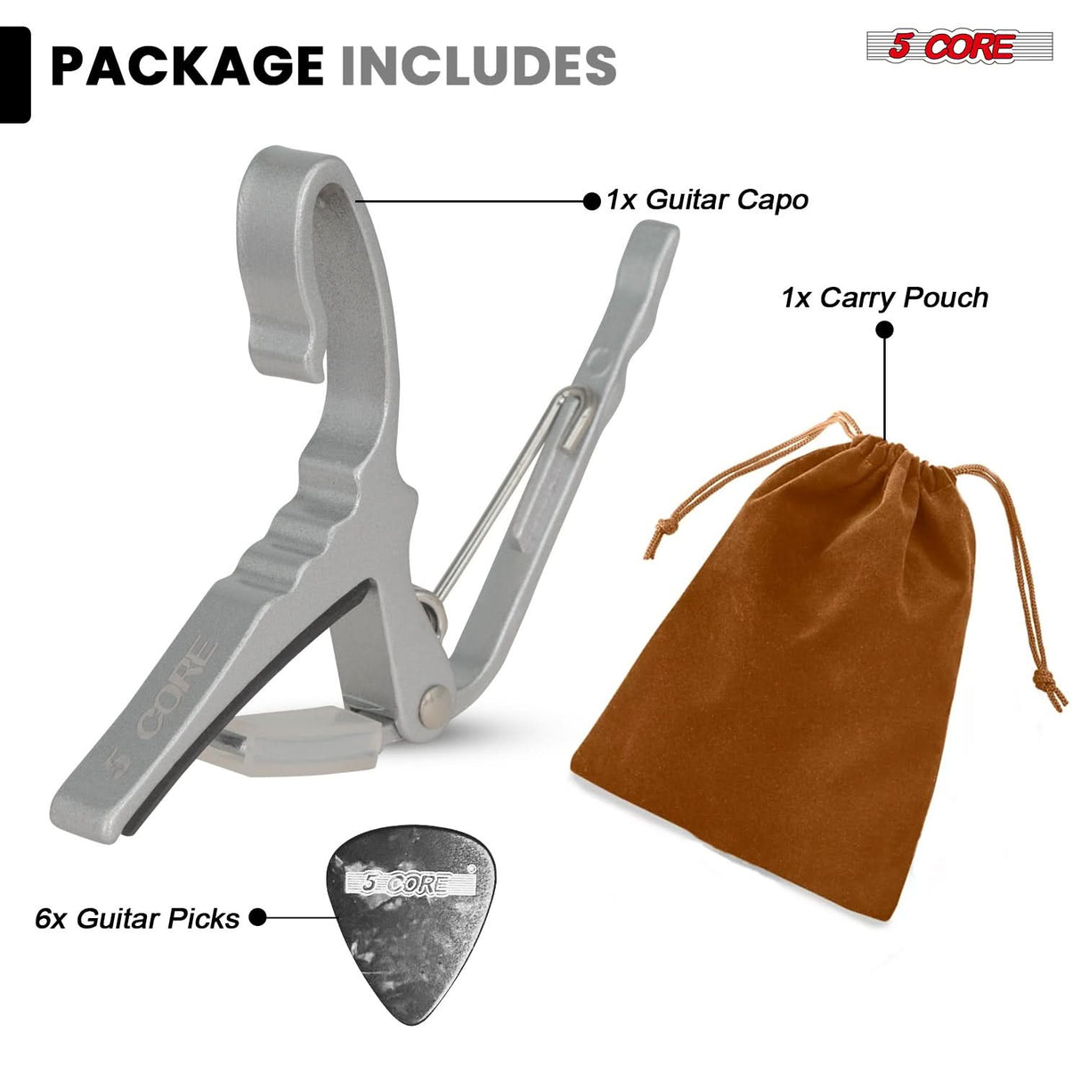 5Core Capo Aluminum Universal Guitar String Clip w Metal Spring + 6Pcs Guitar Picks + Carry Bag
