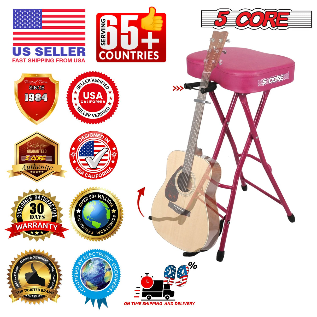 5 Core Guitar Stool 3.15" Padded Chair Foldable Music Seat w Built in Foot Rest Guitar Stand