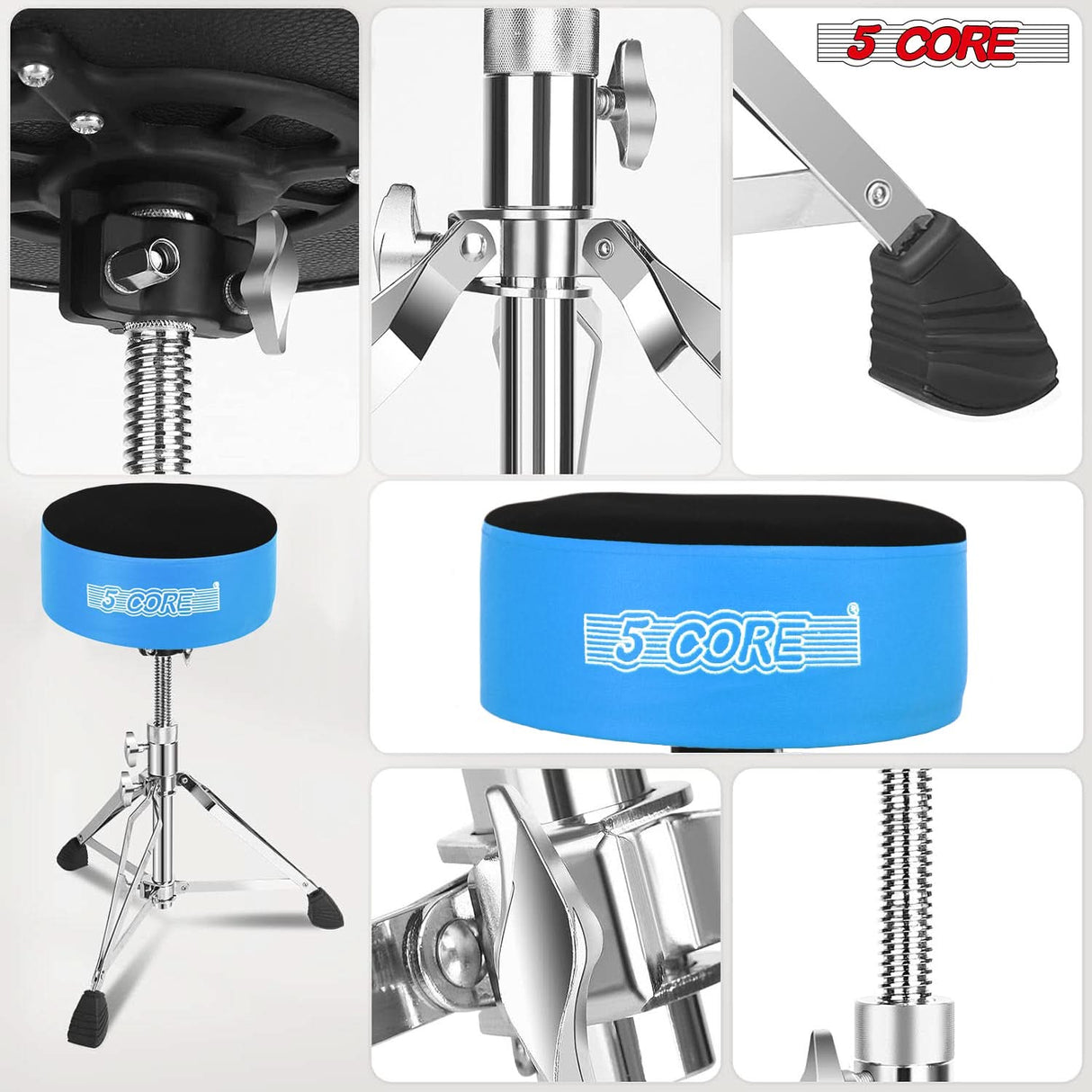 5 Core Drum Throne 5" Padded Velvet Top Guitar Stool Drummer Chair Swivel Adjustable Musician Seat