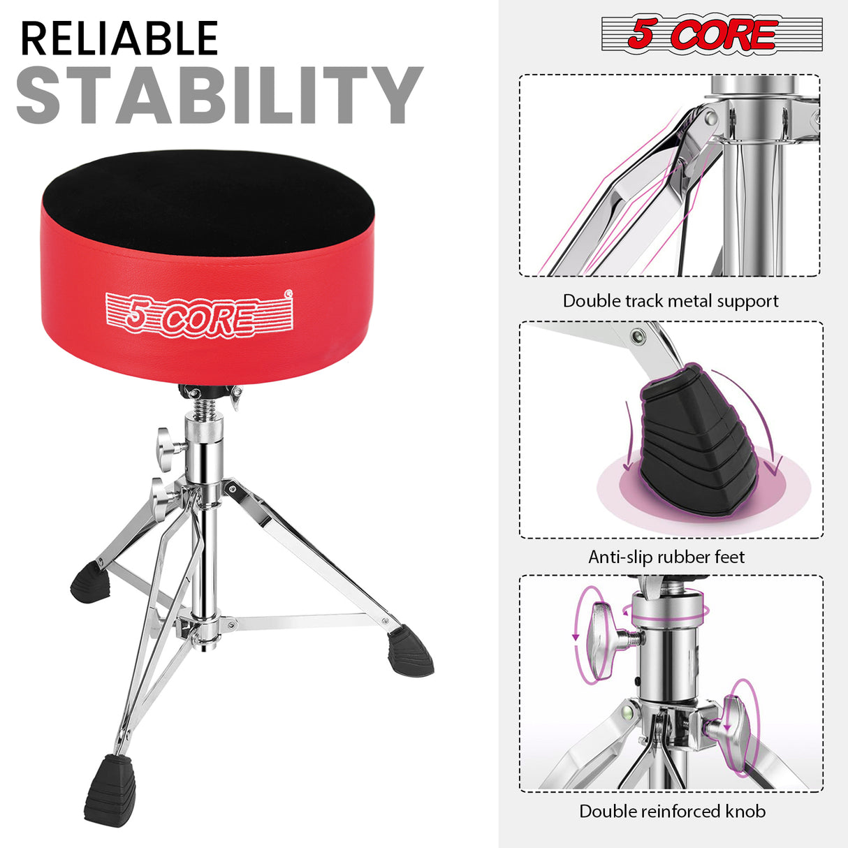 5 Core Drum Throne 5" Padded Guitar Stool Adjustable 310lbs Capacity Heavy Duty Seat w Velvet Top