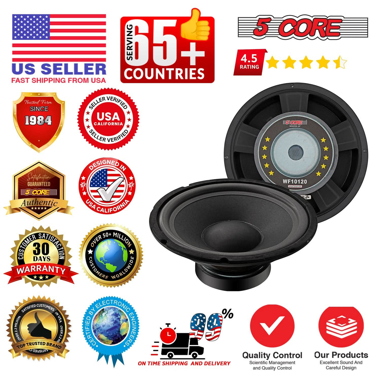 5 Core 10 Inch Subwoofer pair 600W Car Audio Sub Woofer 4 Ohm w Deep Bass Replacement Loud Speaker
