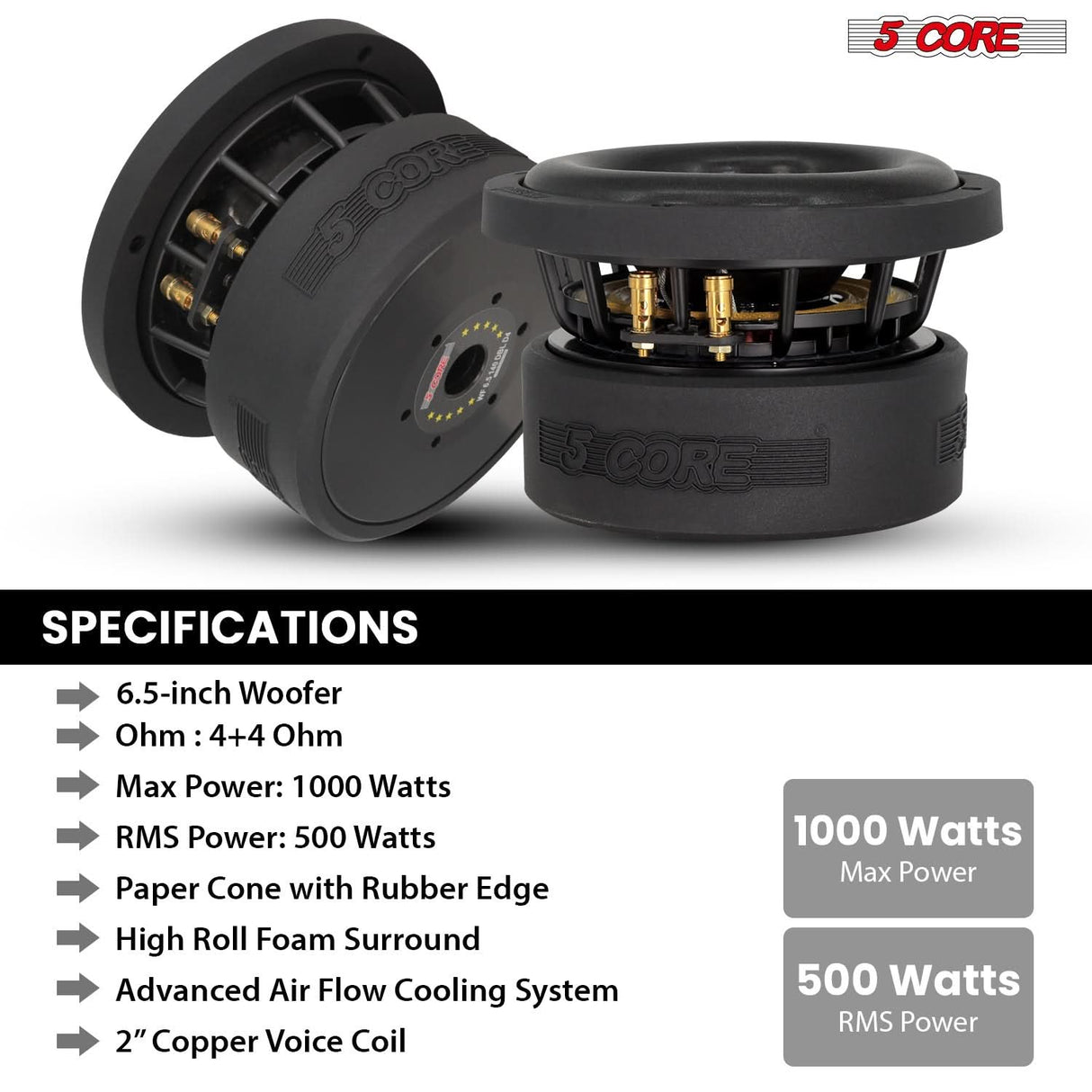 5Core 6.5 Inch Car Subwoofer Dual 4Ohm 1000W Speaker Sub Woofer Driver Aluminum Frame 6.5” Woofers