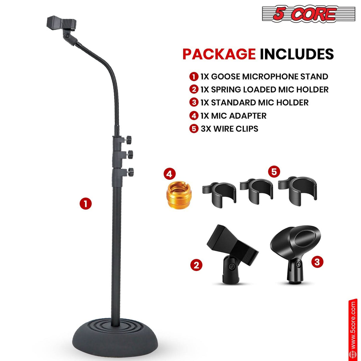 5Core floor mic stand, adjustable gooseneck, universal heavy-duty stand with round base