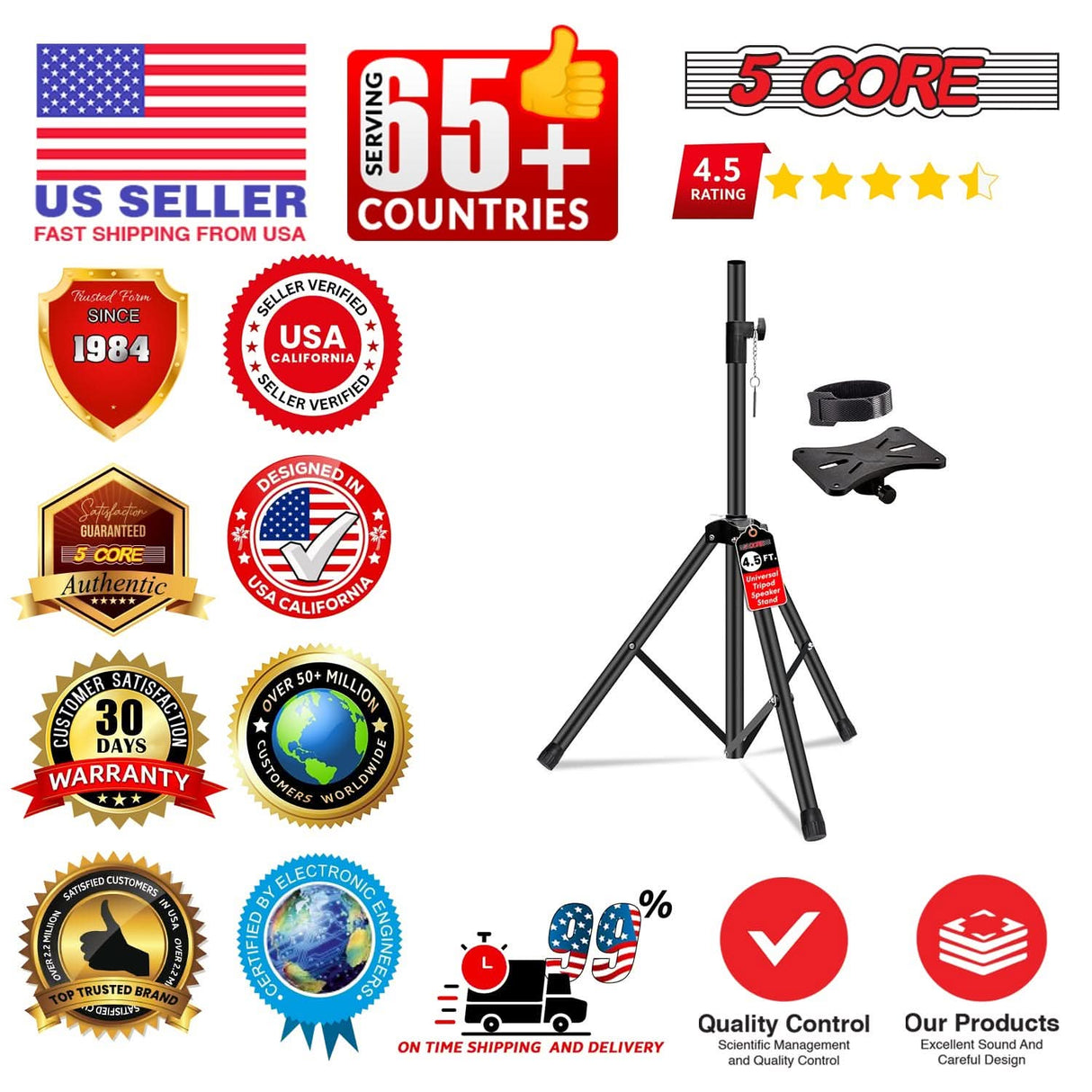 5 Core Speaker Stand Adjustable 31 to 54" PA DJ Tripod Stands Heavy Duty w 35mm Insert 132 Lbs
