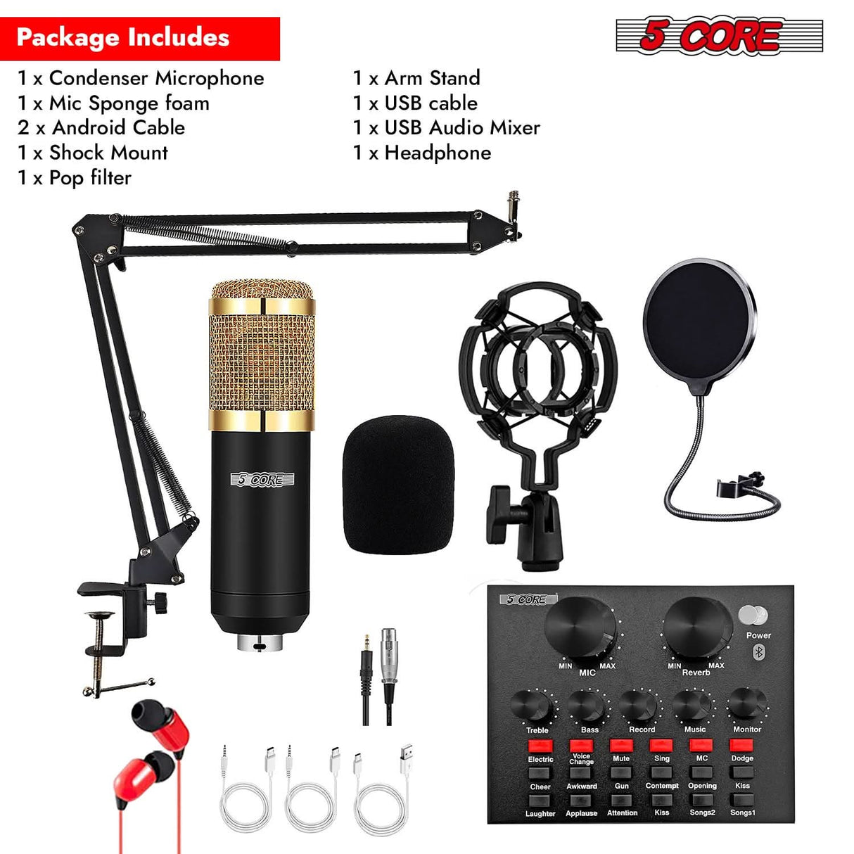 5Core recording mic kit with cardioid condenser mic, boom arm, and stand for podcast use
