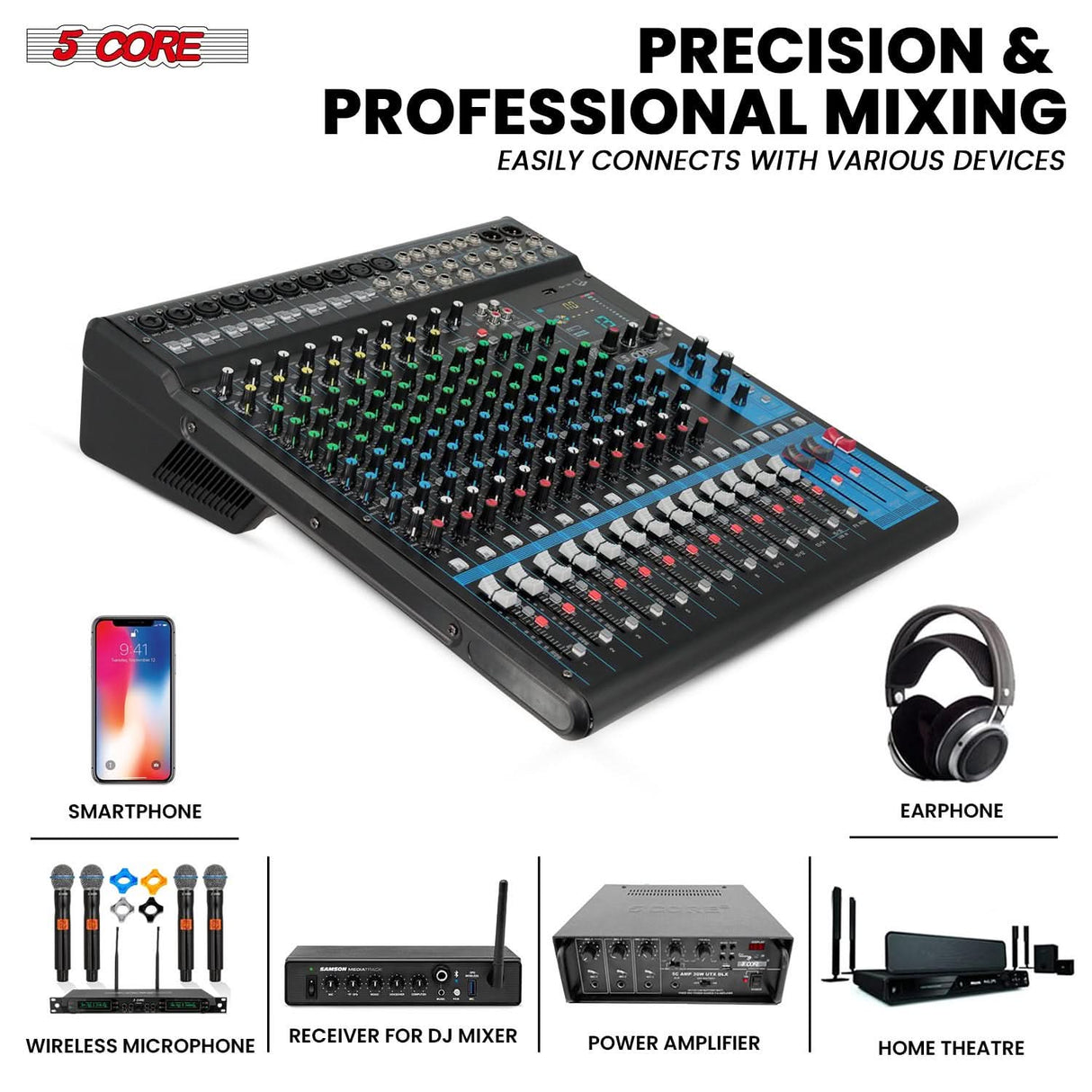 Reliable 5Core console mixer with support for phantom-powered mics