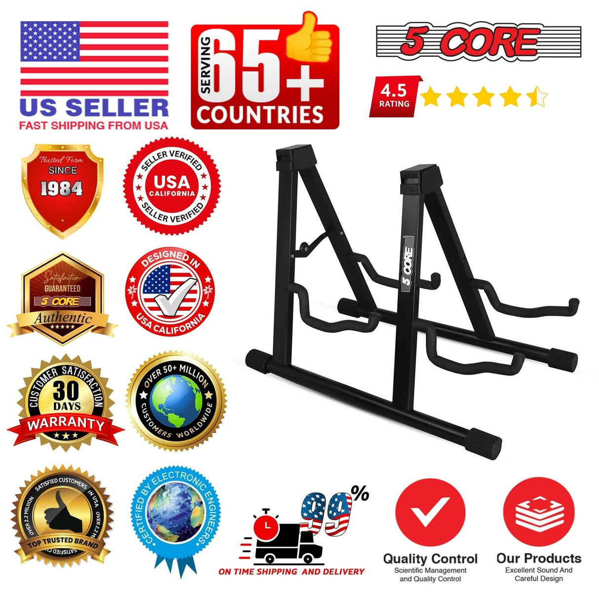 5 Core Double Guitar Stand A Frame Shape w Foam Arms Supports Acoustic Electric Bass Ukulele Banjo