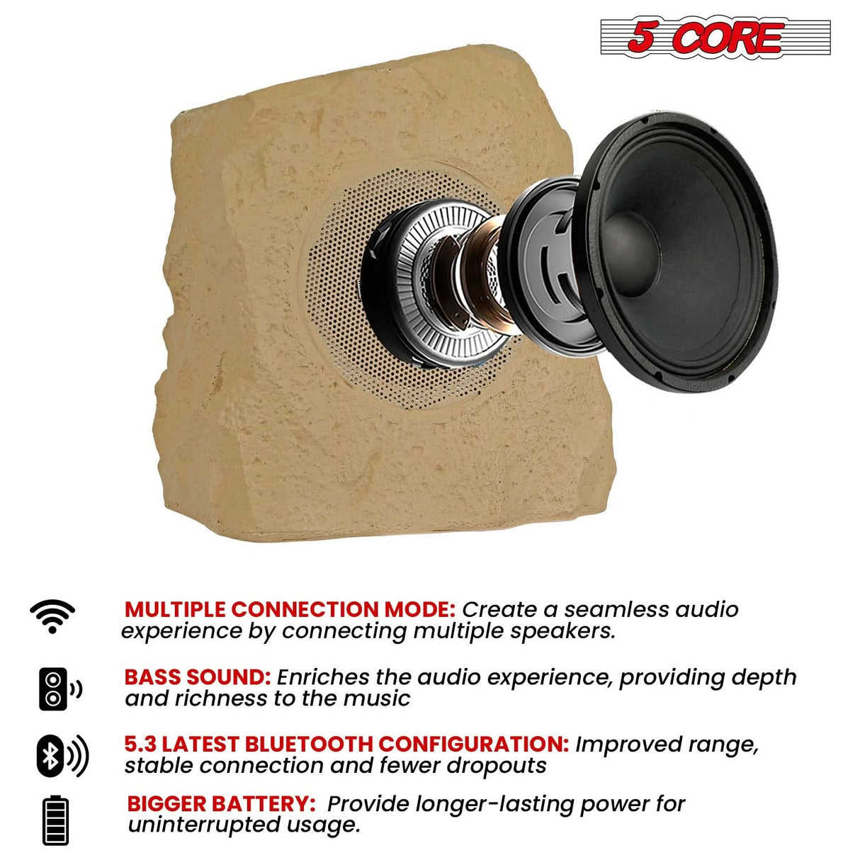 5 Core Rock Speaker Outdoor Waterproof Bluetooth Garden Speakers Solar & USB Charging RGB Colors for Patio Pool & Home