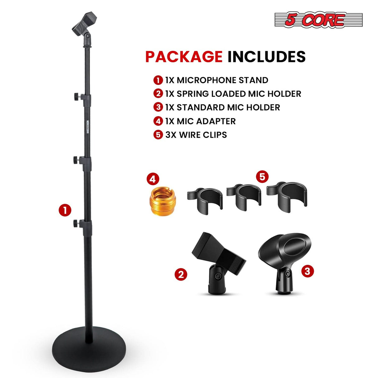 5 Core Microphone Stand 3 Level Height Adjustable 24-67" w Heavy Duty Round Base Floor Mic Stands