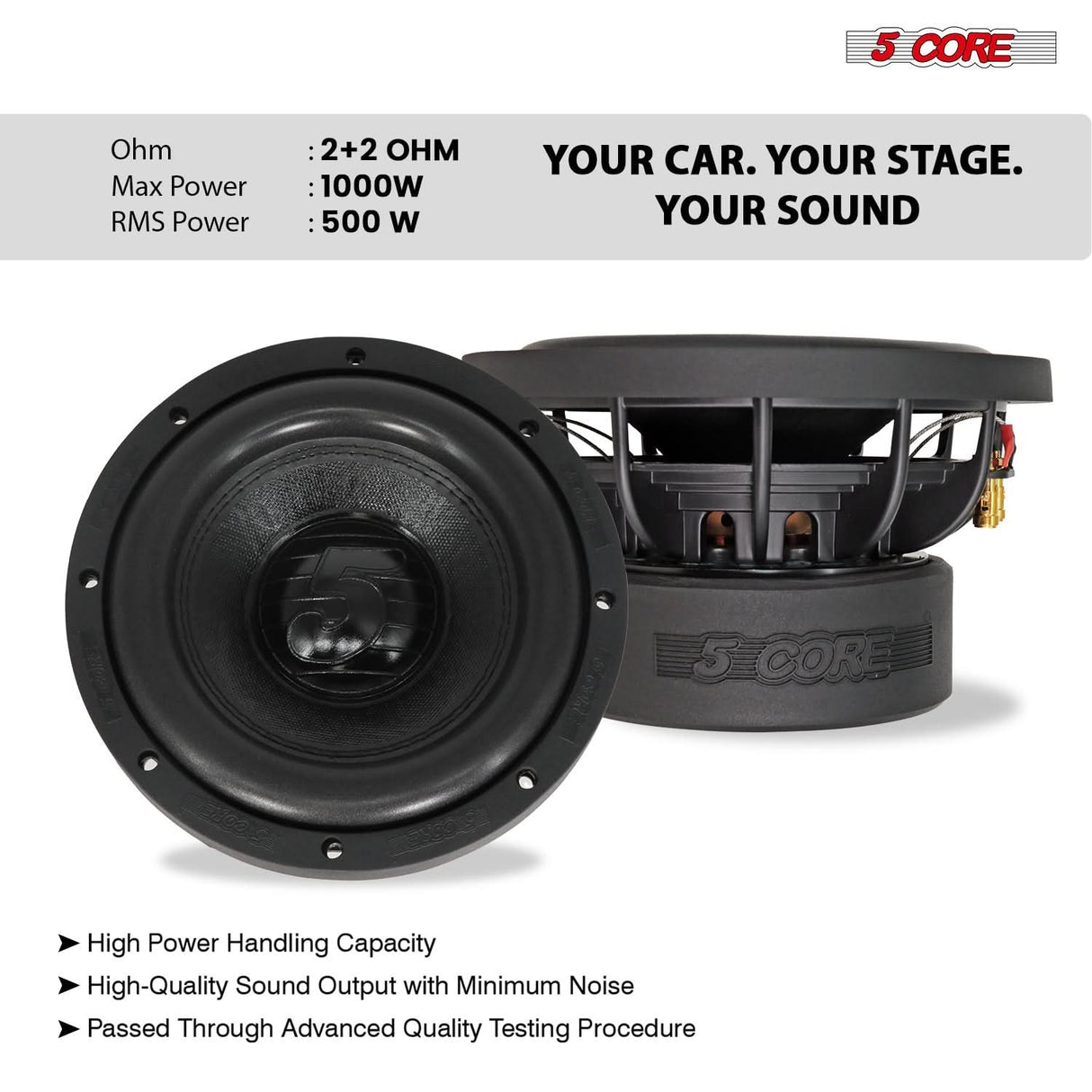 5Core 8 Inch Car Subwoofer Dual 2Ohm 1000W Component Sub Woofer Driver Aluminum Frame 8” Woofers