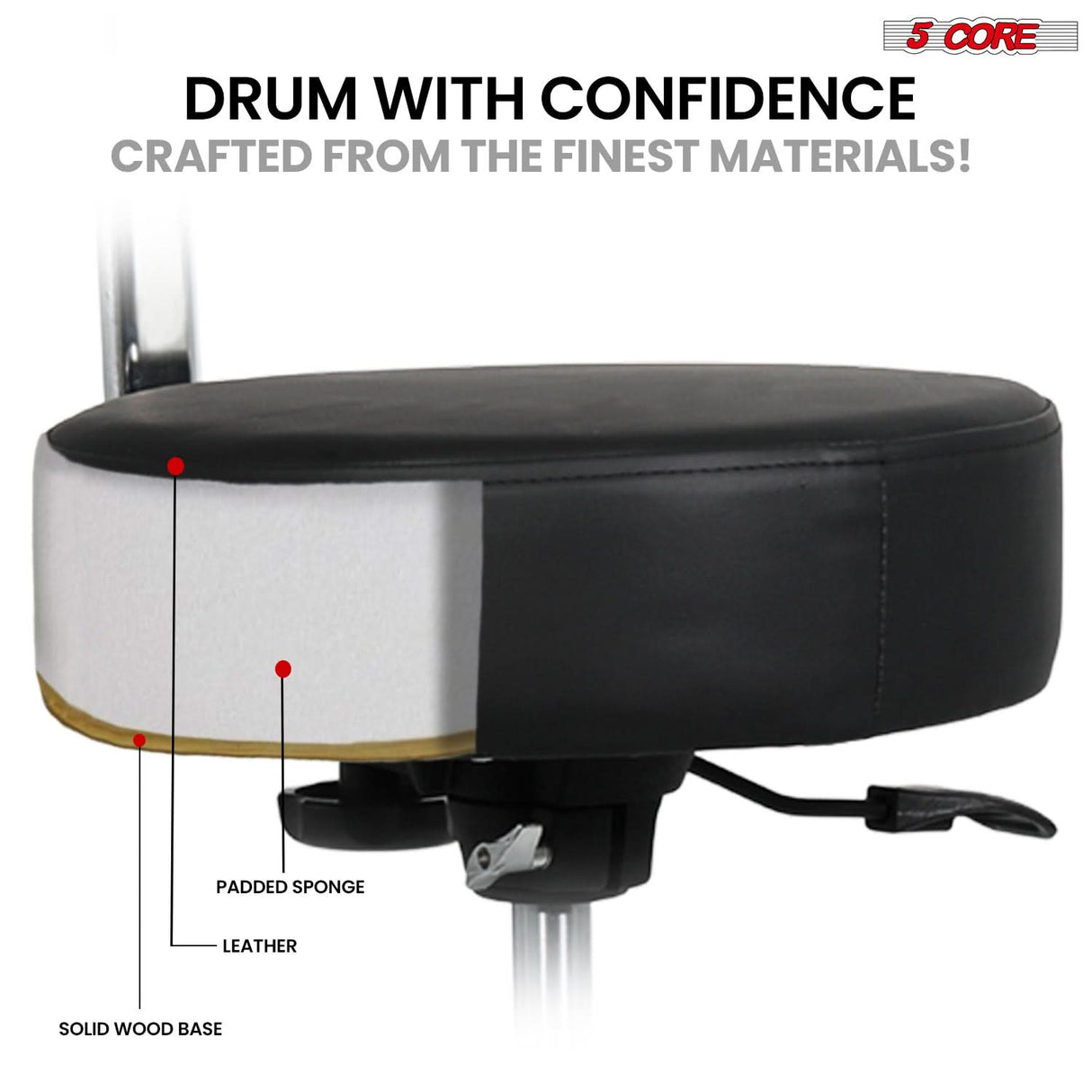 5 Core Drum Throne w Backrest 4" Padded Stool Airlift Adjustable 25.5" Drummer Chair 441Lb Capacity