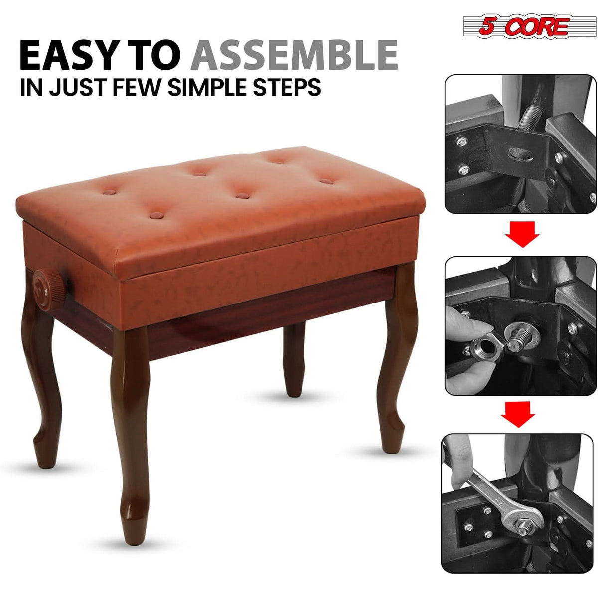 5 Core Piano Bench 3" Padded Cushioned Stool Wooden Heavy Duty Adjustable Musician Chair w Storage