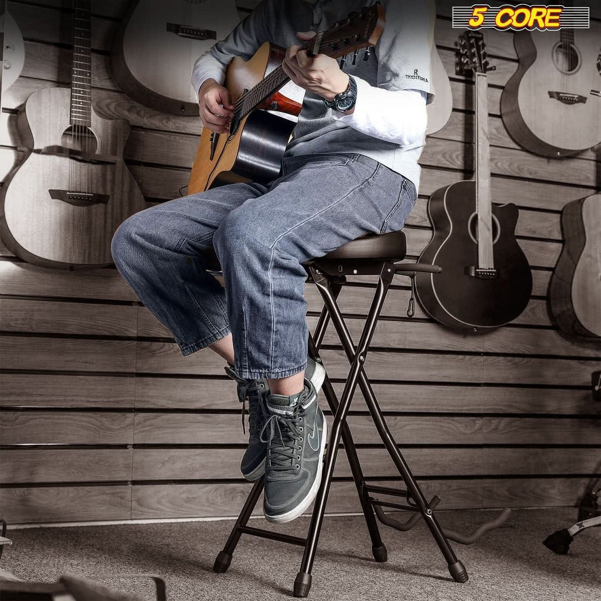 Sturdy 5Core stool for musicians with guitar holder and rest bar