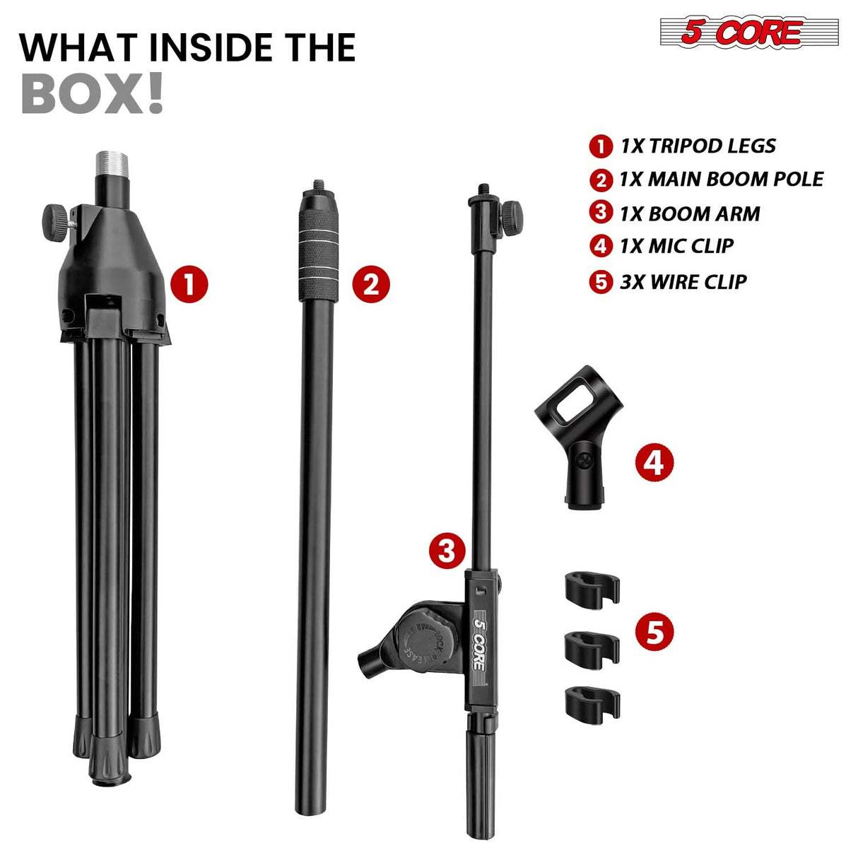 5 Core Mic Stand 2Pcs Adjustable Microphone Stands Floor w 180° Rotating Telescoping Metal Boom Arm