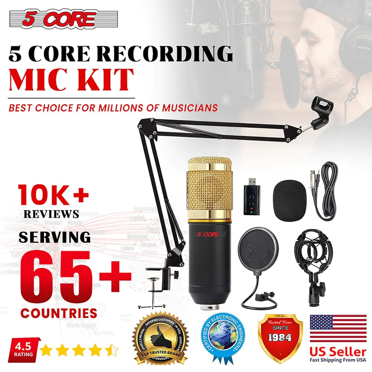 5Core podcast microphone bundle with professional condenser cardioid mic and boom arm kit