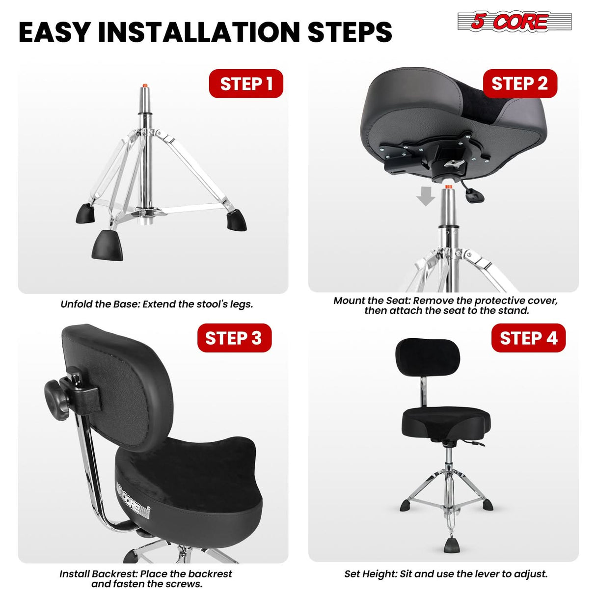 5 Core Drum Throne w Backrest 4" Padded Stool Airlift 25" Adjustable Drummer Stool 441Lb Capacity