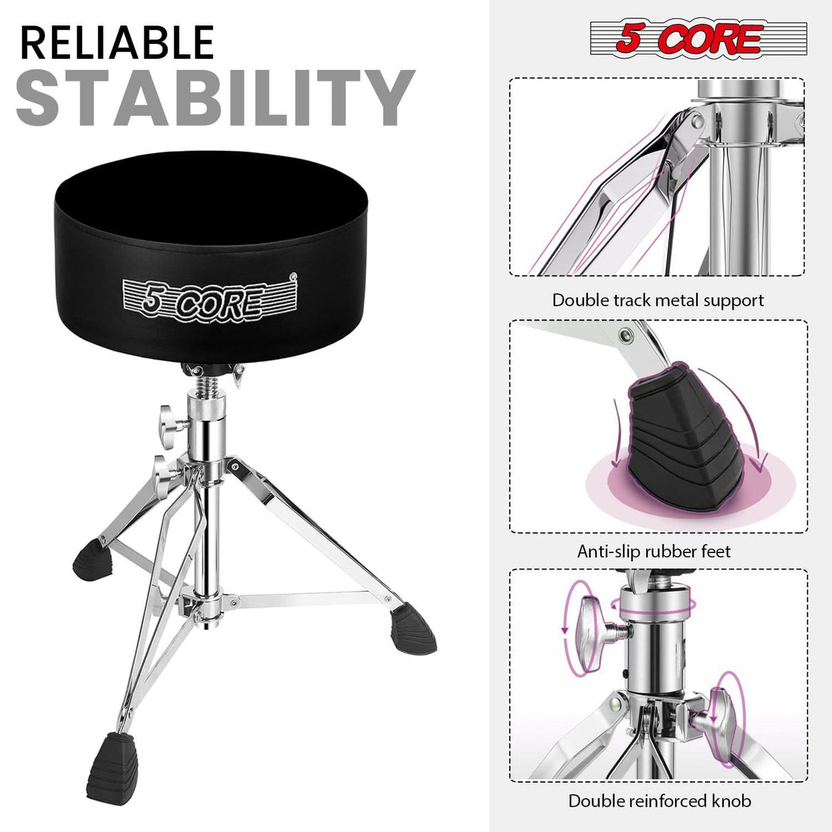 5 Core Drum Throne 5" Padded Guitar Stool Adjustable Heavy Duty Music Chair Seat w Luxury Velvet Top