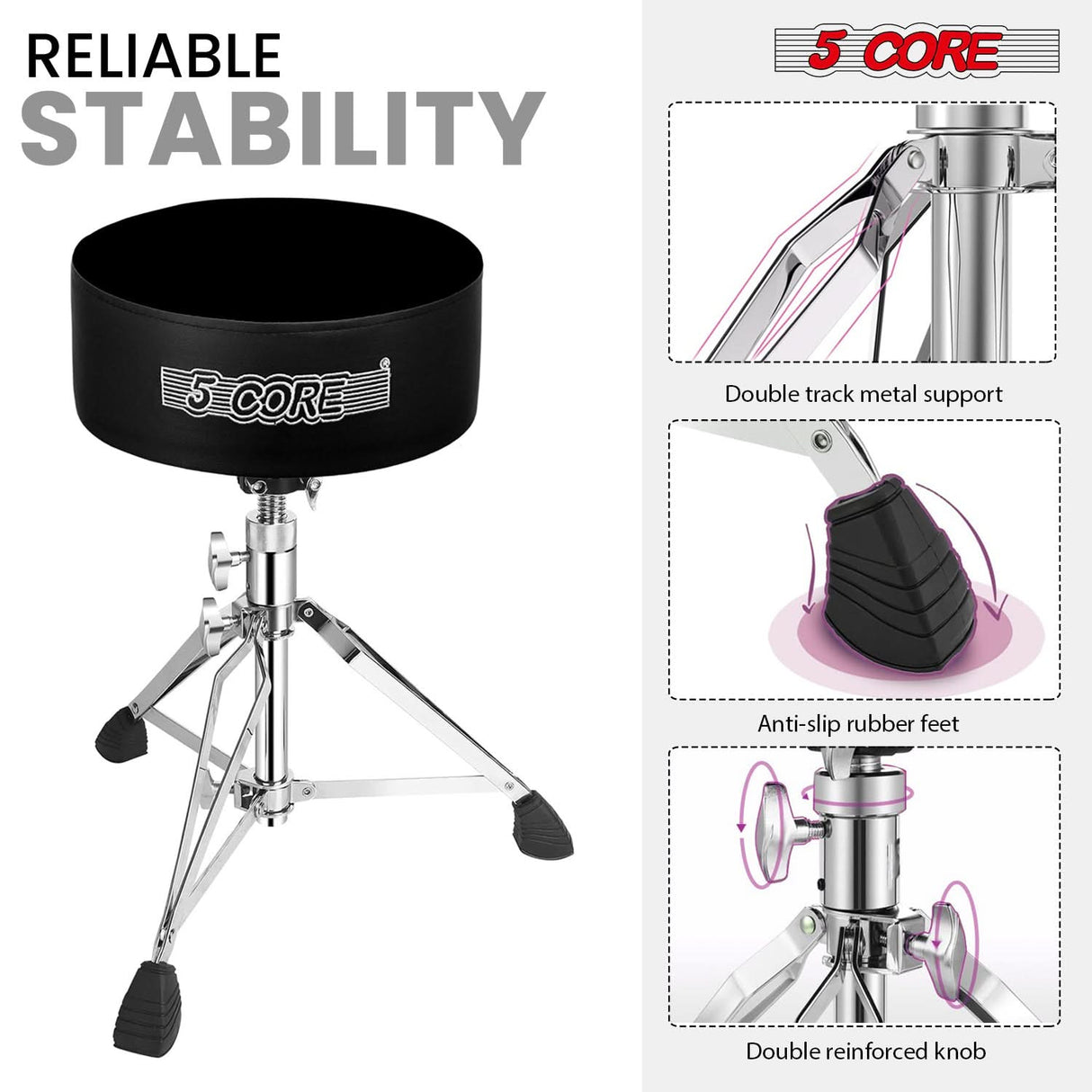 5 Core Drum Throne 5" Padded Guitar Stool Adjustable 310lbs Capacity Heavy Duty Seat w Velvet Top