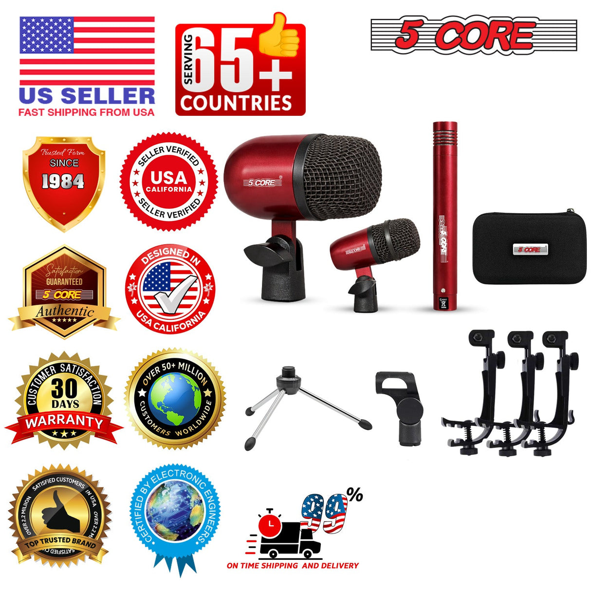 5 Core Conga Mic Snare Tom Set Professional XLR Cardioid Unidirectional Instrument Microphone Kit