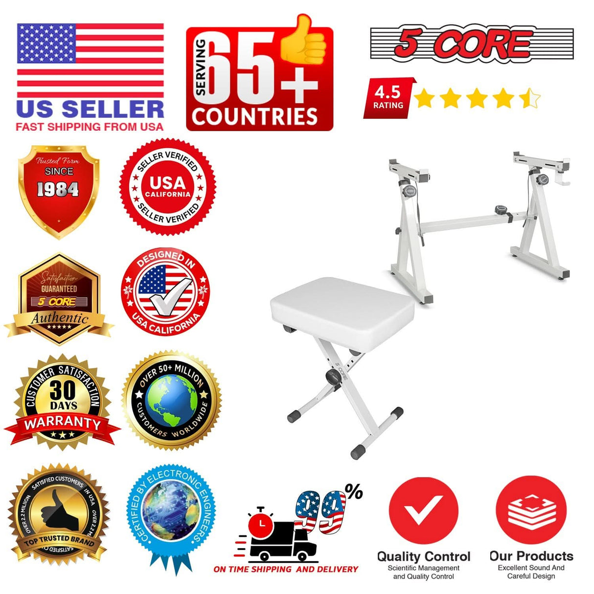 5 Core Keyboard Stand Piano Bench Combo Adjustable Key Board Stands 3" Padded Musician Chair Set