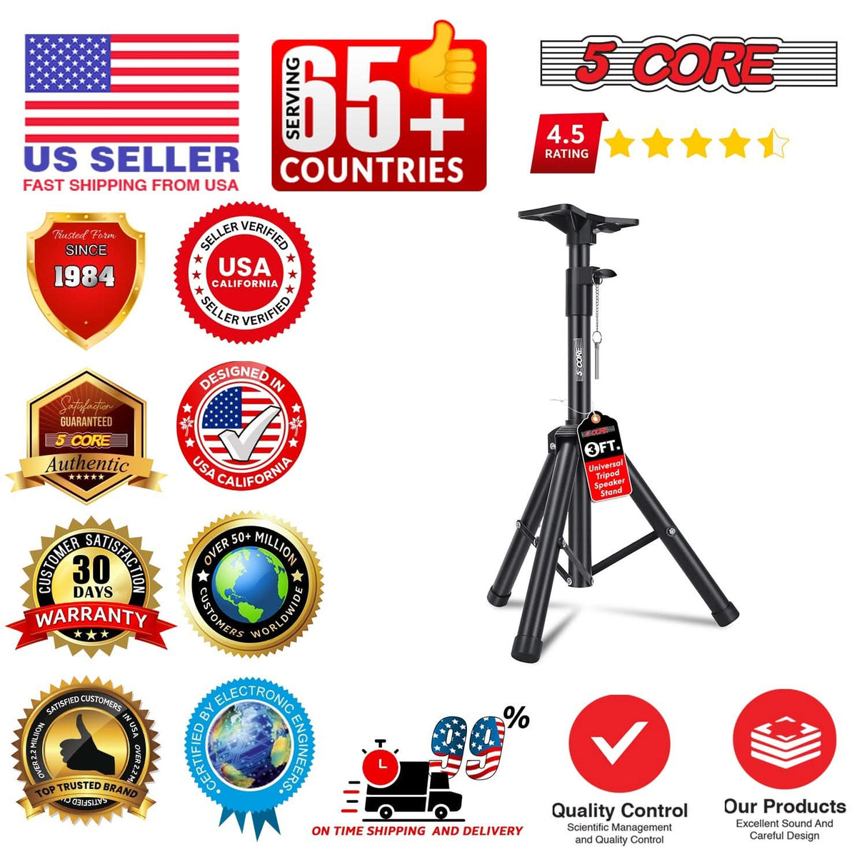 5 Core Speaker Stand 3Ft Adjustable Heavy Duty PA DJ Tripod Studio Monitor Stands w 35mm Insert