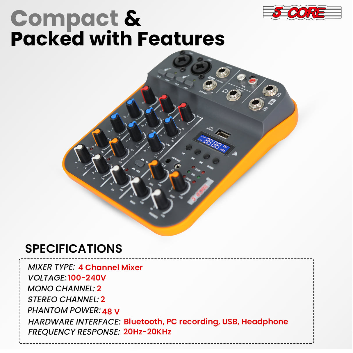 5Core Audio Mixer 4 Channel DJ Soundboard USB Interface Bluetooth Mixing Console w Repeat Delay +48V