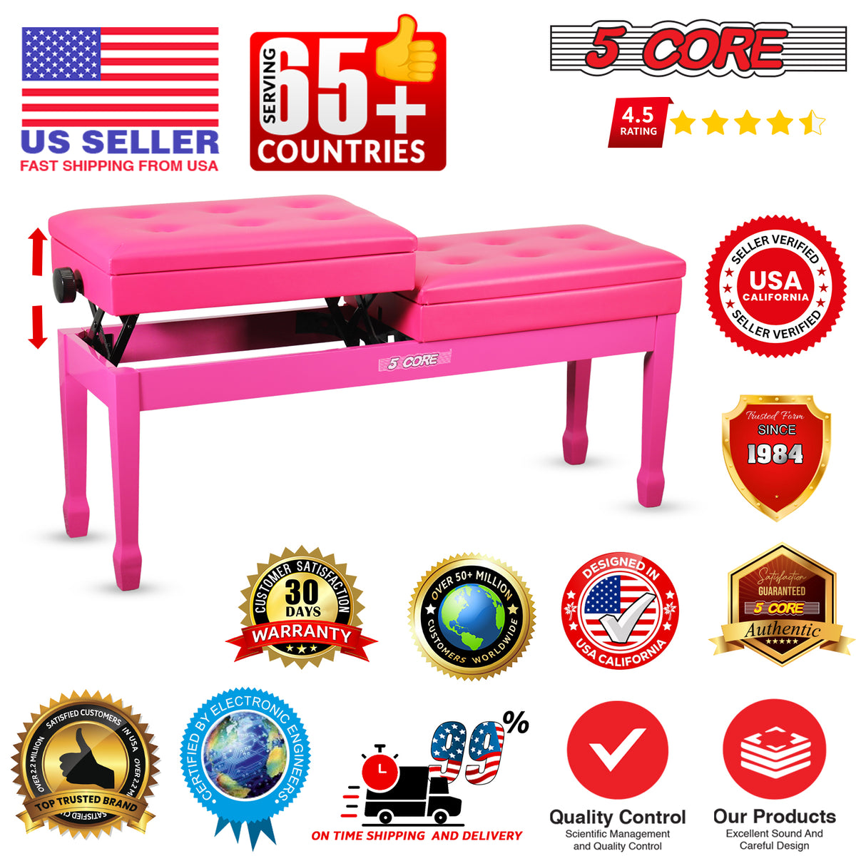 5 Core Duet Piano Bench 3.5 Inch Padded Cushioned Stool Wooden Heavy Duty Musician Chair w Storage