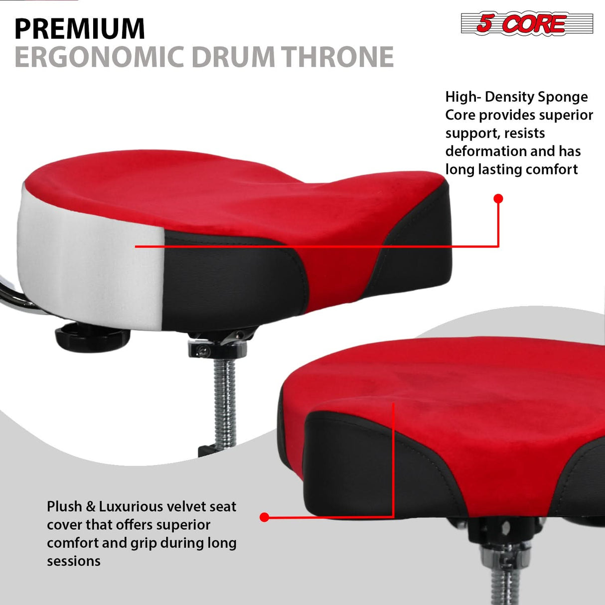 5 Core Drum Throne w Backrest 4" Padded Adjustable 26.5" Drummer Stool w Velvet Top 441Lb Capacity
