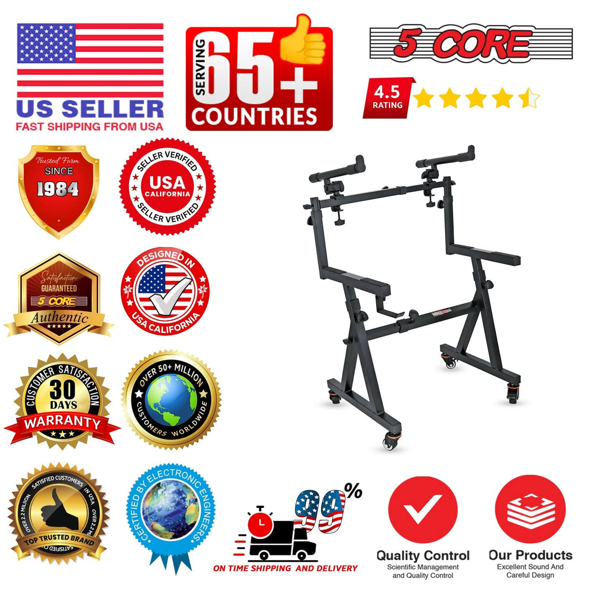 5Core Piano Keyboard Stand Z Style Heavy Duty 2 Tier Stands w Adjustable Arm Fits 54 61 88 Key Board