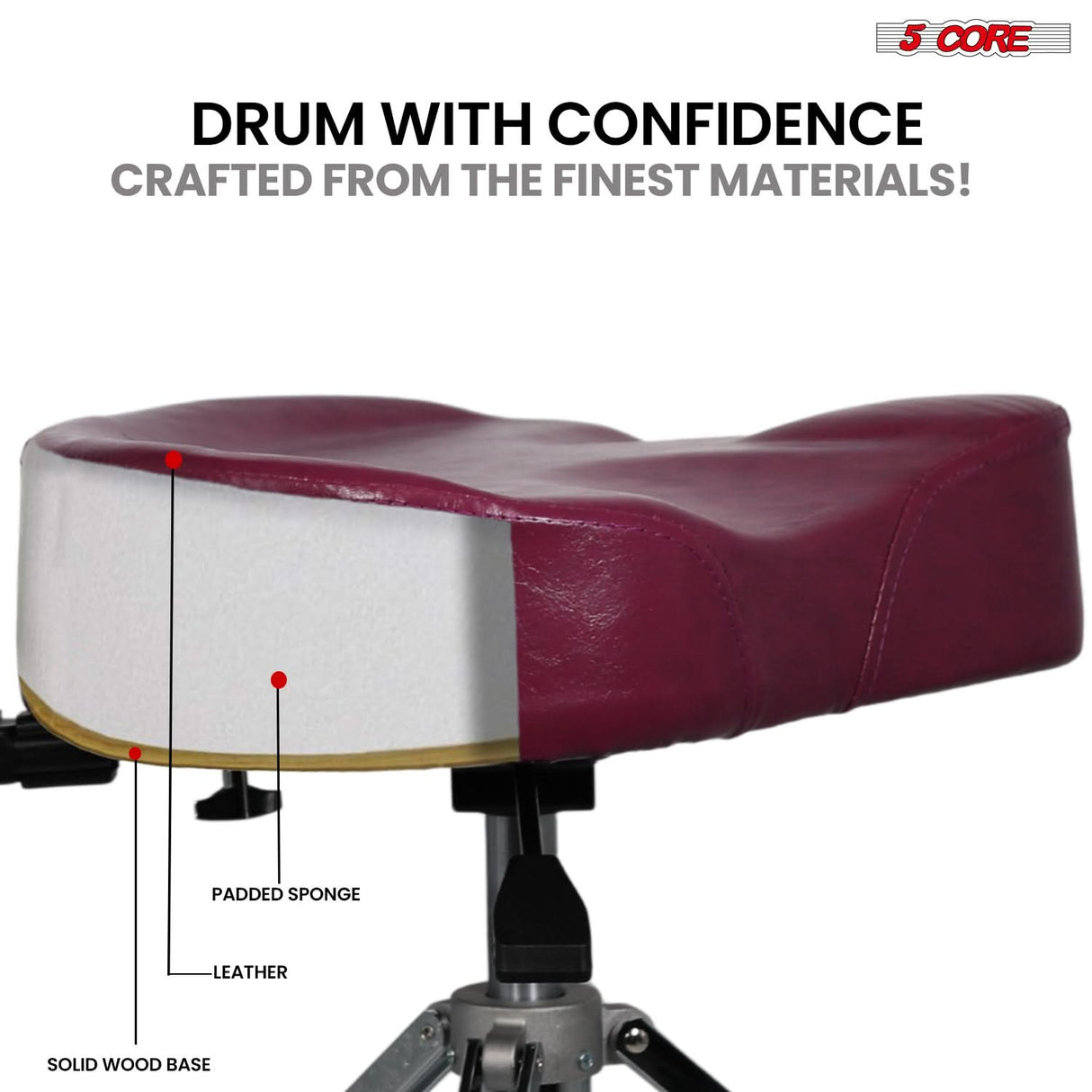 5 Core Drum Throne w Backrest 4" Padded Stool Adjustable 24.5" Drummer Chair w 441Lb Capacity