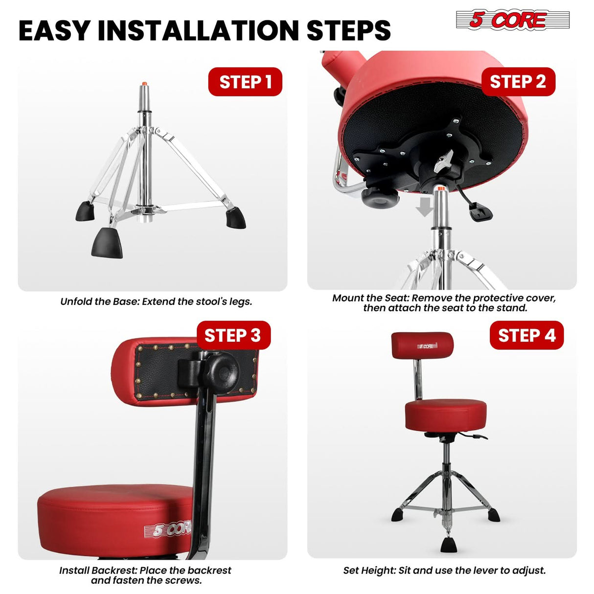 5 Core Drum Throne w Backrest 4" Padded Stool Airlift Adjustable 25.5" Drummer Chair 441Lb Capacity